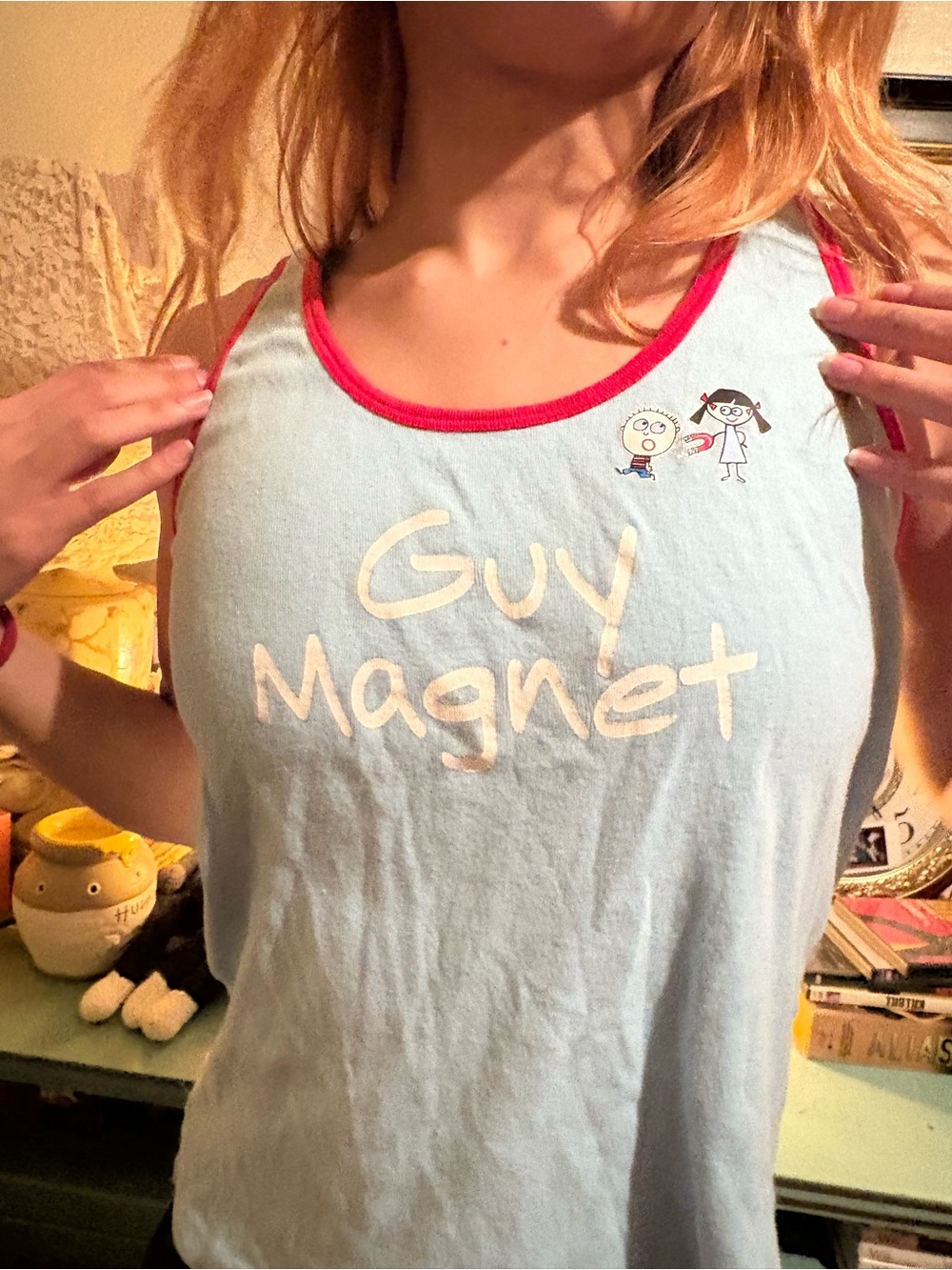 Light Blue Tank Top with Pink Trim and 'Guy Magnet' Graphic